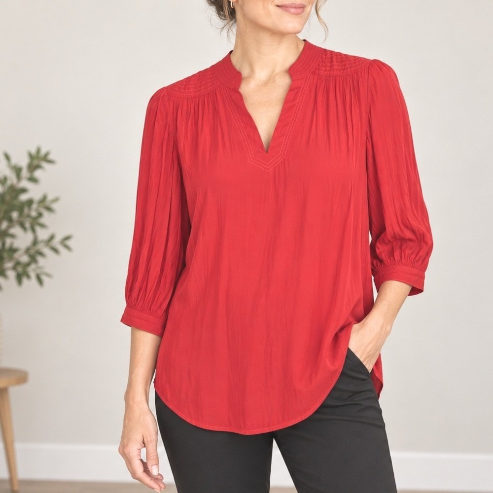 Chico's Blouse Red Split Neck Pleated Sleeve Top Size M